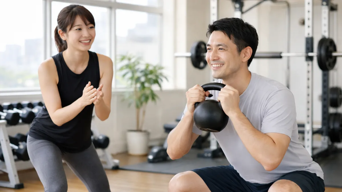 横浜のパーソナルジムでトレーナーの指導を受けながらトレーニングする男性の様子