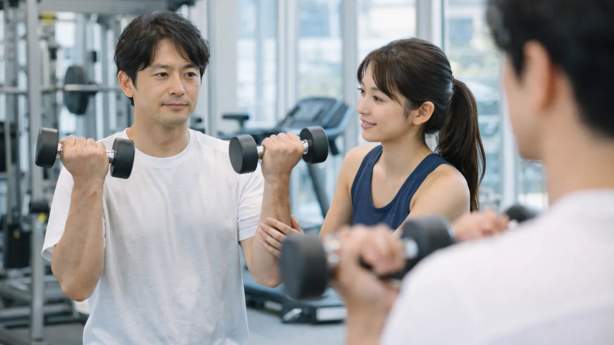 横浜のパーソナルジムでフォームを確認しながら指導を受ける様子