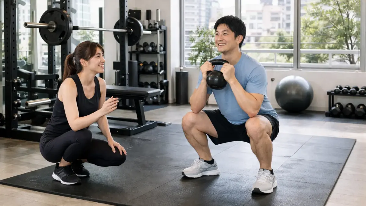 横浜のパーソナルジムで初心者がトレーナーとマンツーマントレーニングを体験している様子