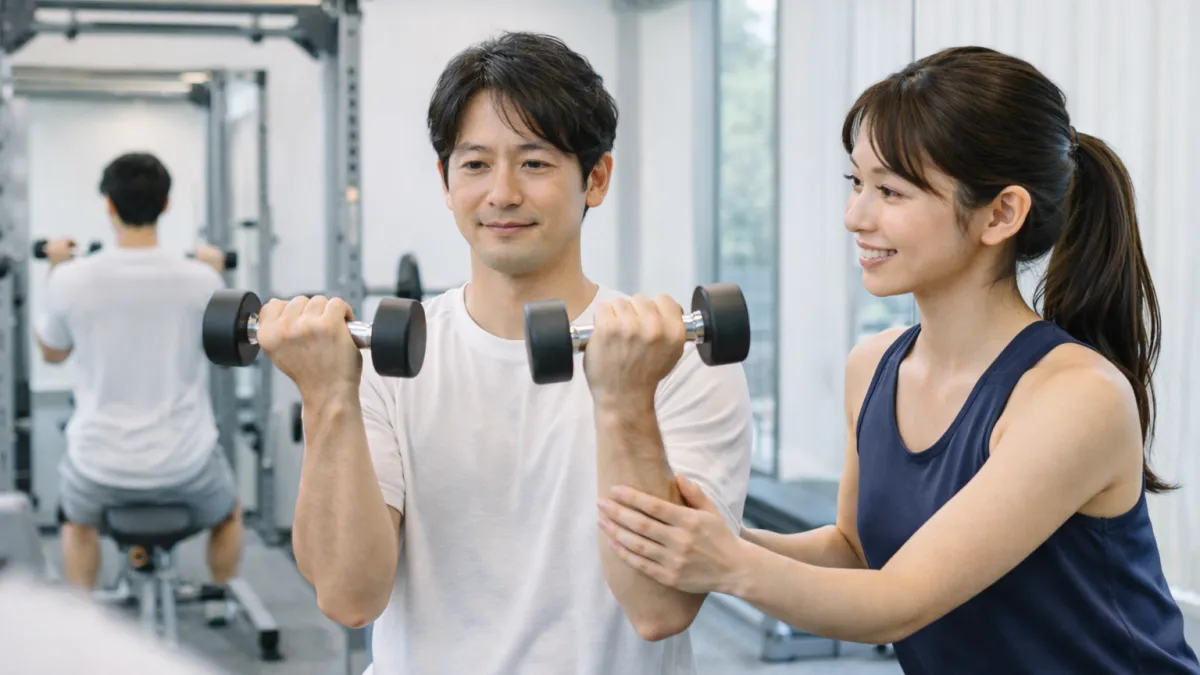 横浜のパーソナルジムでフォーム確認を受けながら体験する様子