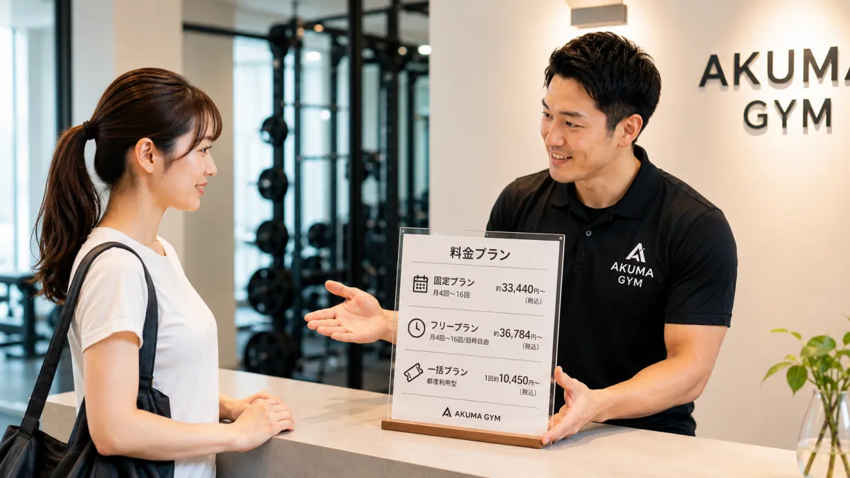 女性会員が料金説明を受けて安心している様子。