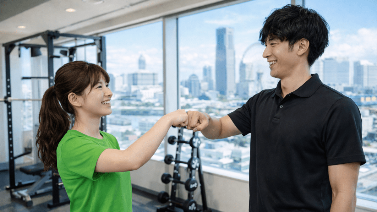 トレーニング後にトレーナーと女性がグータッチしているシーン