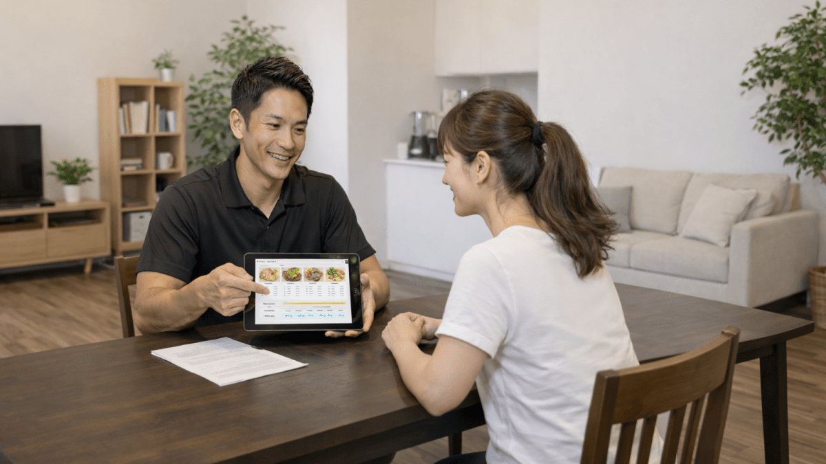 男性トレーナーがタブレットで食事の資料を見せて説明するカウンセリングの様子