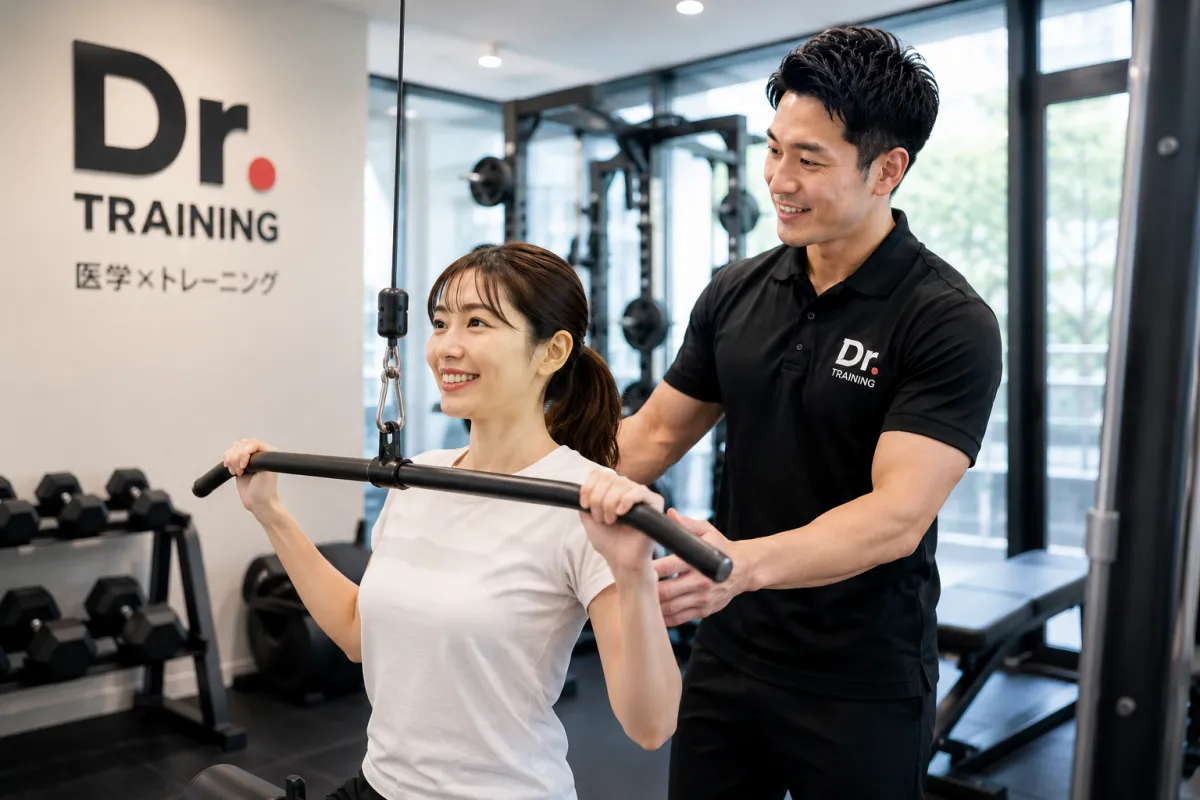 Dr.トレーニング横浜でトレーナーの指導を受ける女性会員