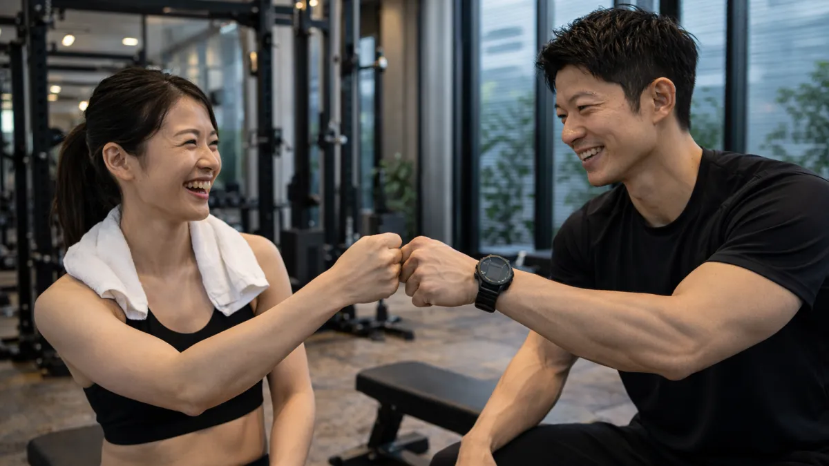パーソナルジムでトレーニング後にトレーナーとグータッチする利用者