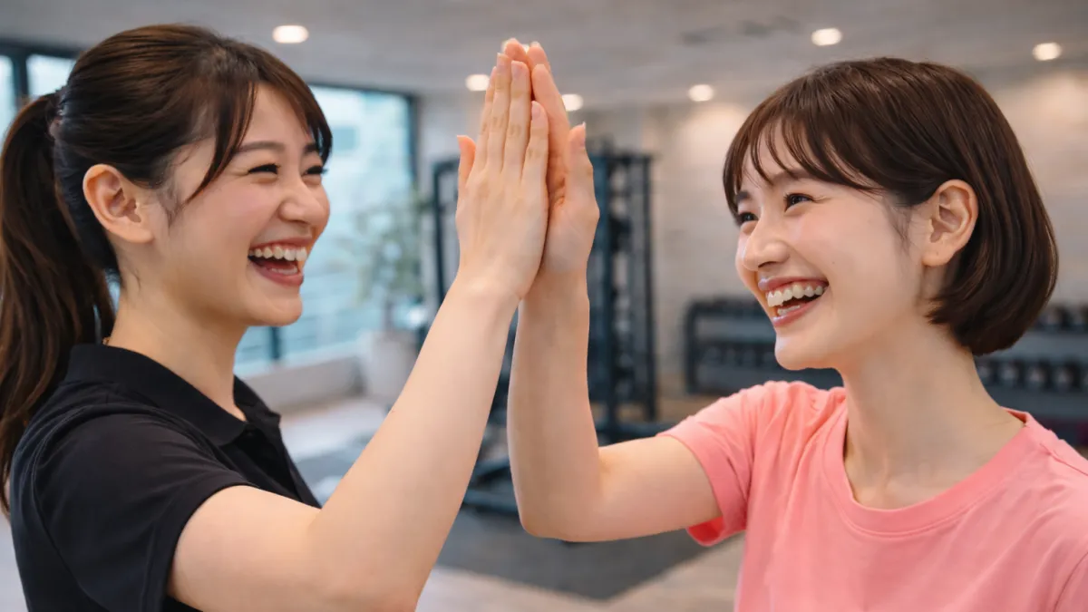 トレーニング達成を喜び女性トレーナーと利用者がハイタッチするパーソナルジムのシーン