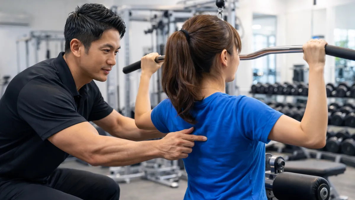 パーソナルジムでラットプルダウンを行う女性に、パーソナルトレーナーがフォーム指導をしている様子