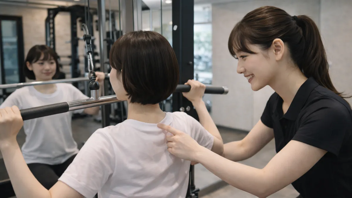 パーソナルジムで女性トレーナーがラットプルダウンのフォームをサポートしている様子