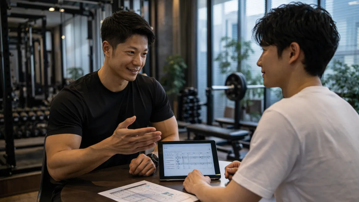 パーソナルジムの無料カウンセリングでトレーナーがトレーニングプランを説明している様子