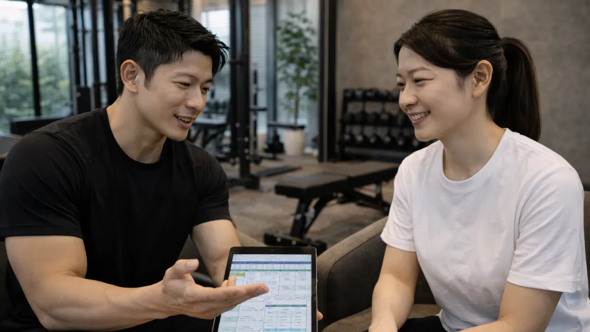 パーソナルジムでトレーナーと無料カウンセリングを行う様子