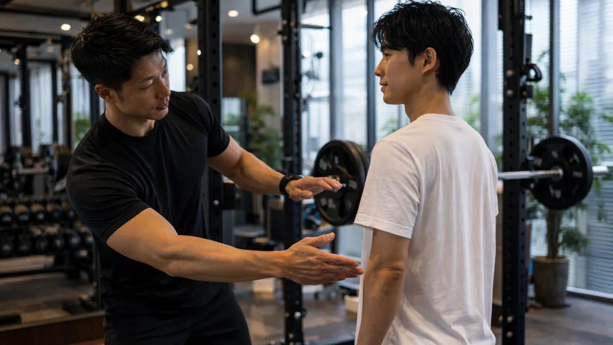パーソナルジムでトレーナーがフォームを説明しているトレーニング指導の様子