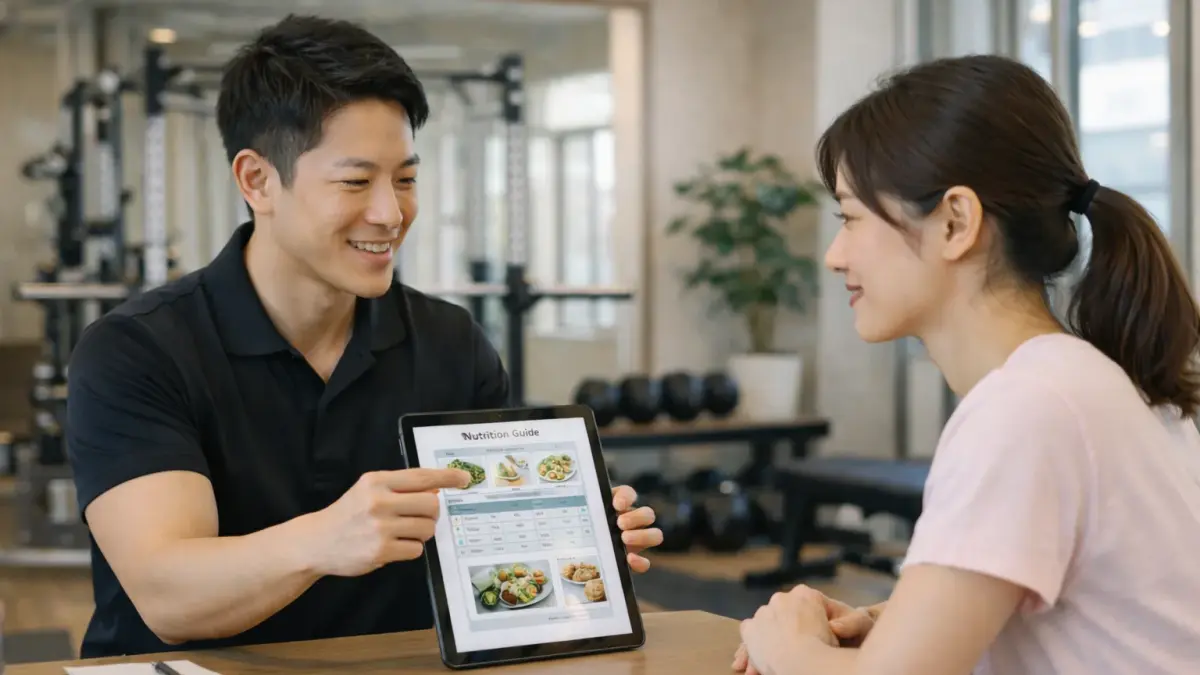 男性トレーナーがタブレットで食事の資料を見せて説明するカウンセリングの様子