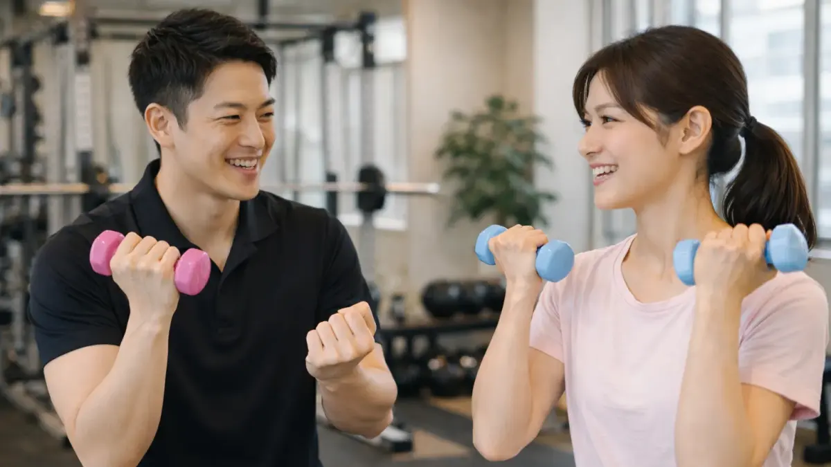パーソナルジムで30代男性トレーナーと女性会員が笑顔でダンベルトレーニングをしている様子"