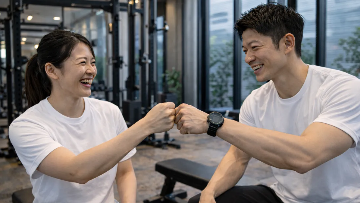 パーソナルジムでトレーニング後にトレーナーとグータッチする利用者