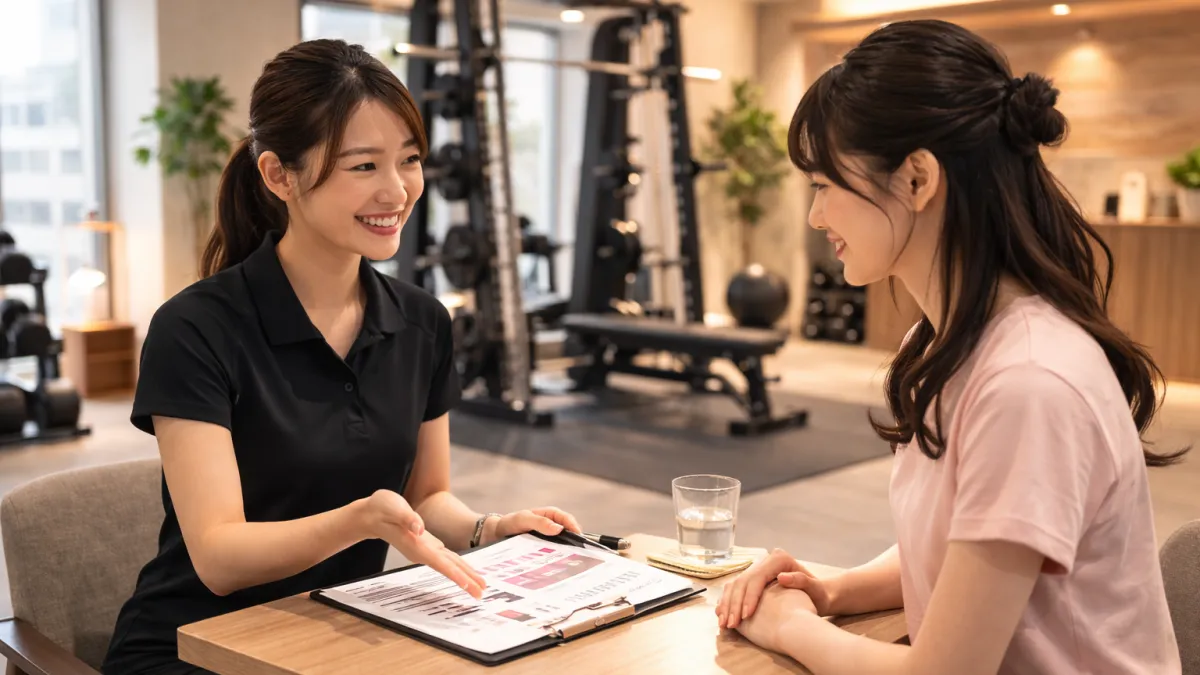 パーソナルジムで女性トレーナーが女性利用者にトレーニング計画を説明するカウンセリング