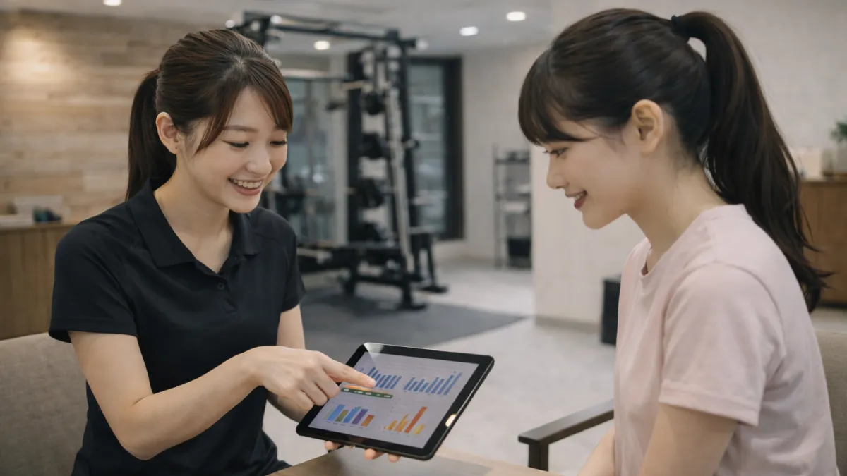 パーソナルジムの体験カウンセリングで女性利用者に説明する女性トレーナー