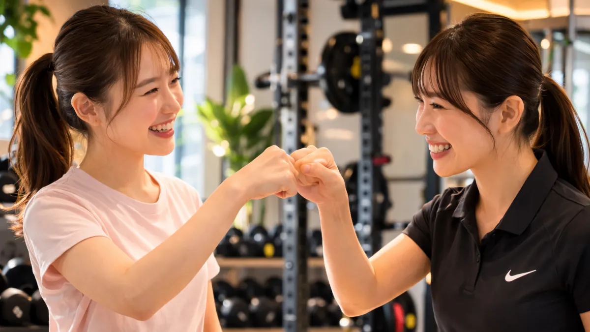 女性トレーナーと女性会員がパーソナルジムでトレーニング成功を祝うフィストバンプ