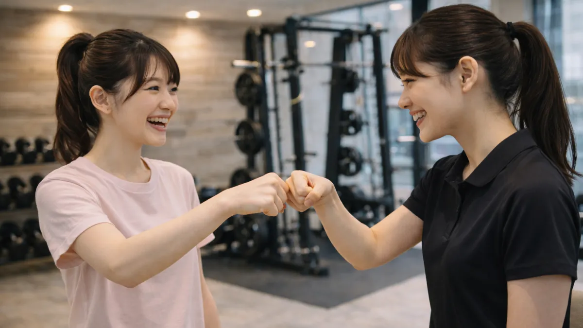 パーソナルジムでトレーニング後に女性利用者とトレーナーがグータッチする様子