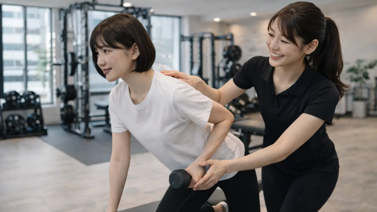パーソナルジムで女性トレーナーがダンベル種目のフォームを指導している様子