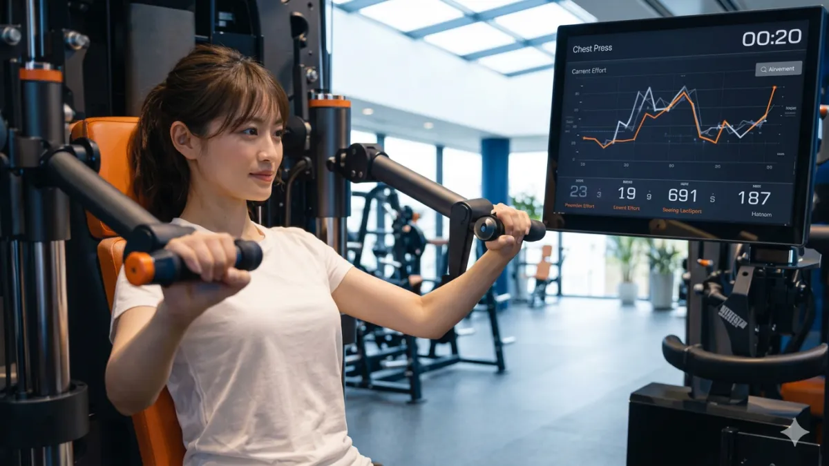 AIフィットネスマシンのモニターを見ながら女性がスマートトレーニングを行っている近未来的なマシントレーニングの様子