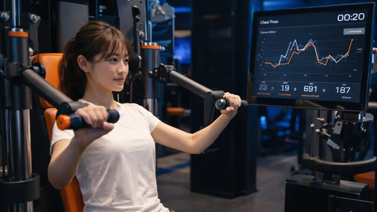 AIフィットネスマシンのモニターを見ながら女性がスマートトレーニングを行っている近未来的なマシントレーニングの様子