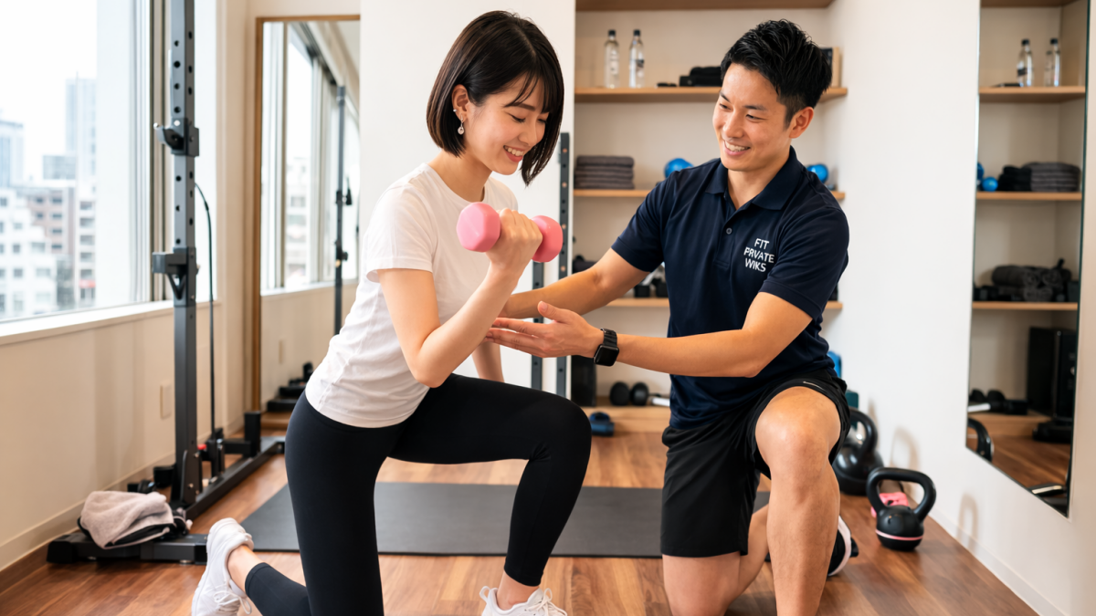 横浜の個室パーソナルジムで女性がダンベルランジを行い、トレーナーがフォームをサポートしているトレーニング