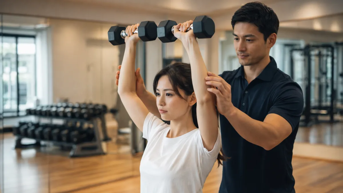 横浜のパーソナルジムで女性がダンベルショルダープレスを行い、トレーナーがフォームをサポートするトレーニング