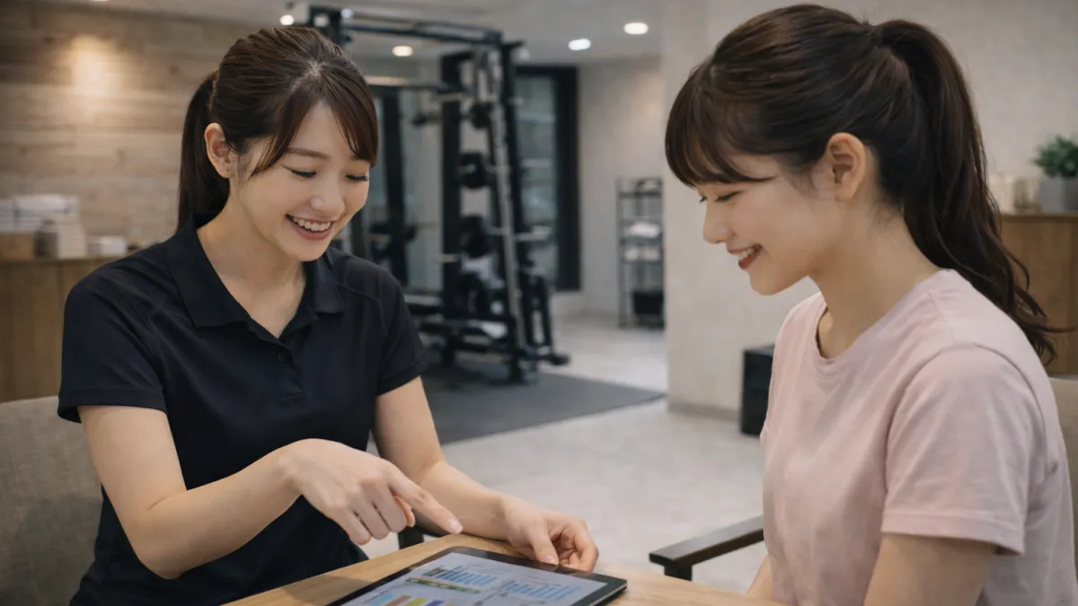 女性トレーナーがタブレットでトレーニングデータを見せながらカウンセリングする様子
