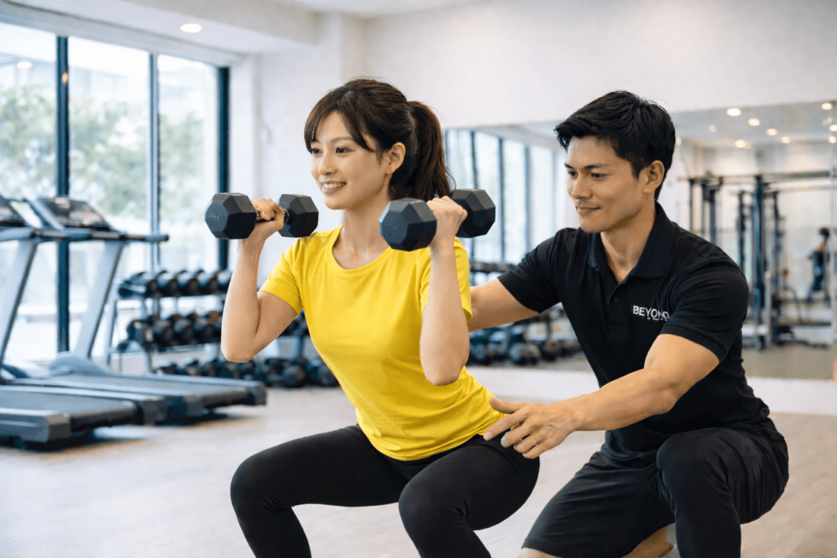 横浜のパーソナルジムで女性がダンベルスクワットを行い、トレーナーがフォームをチェックしているトレーニング
