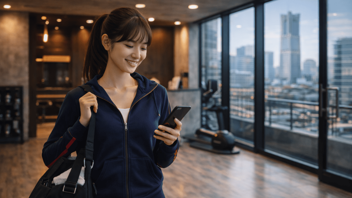 横浜のパーソナルジムでスマートフォンを確認する女性