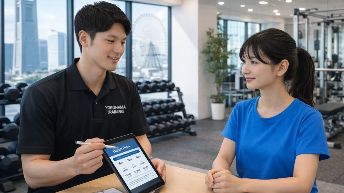 トレーナーがタブレットや資料で料金説明をしているカウンセリング風景