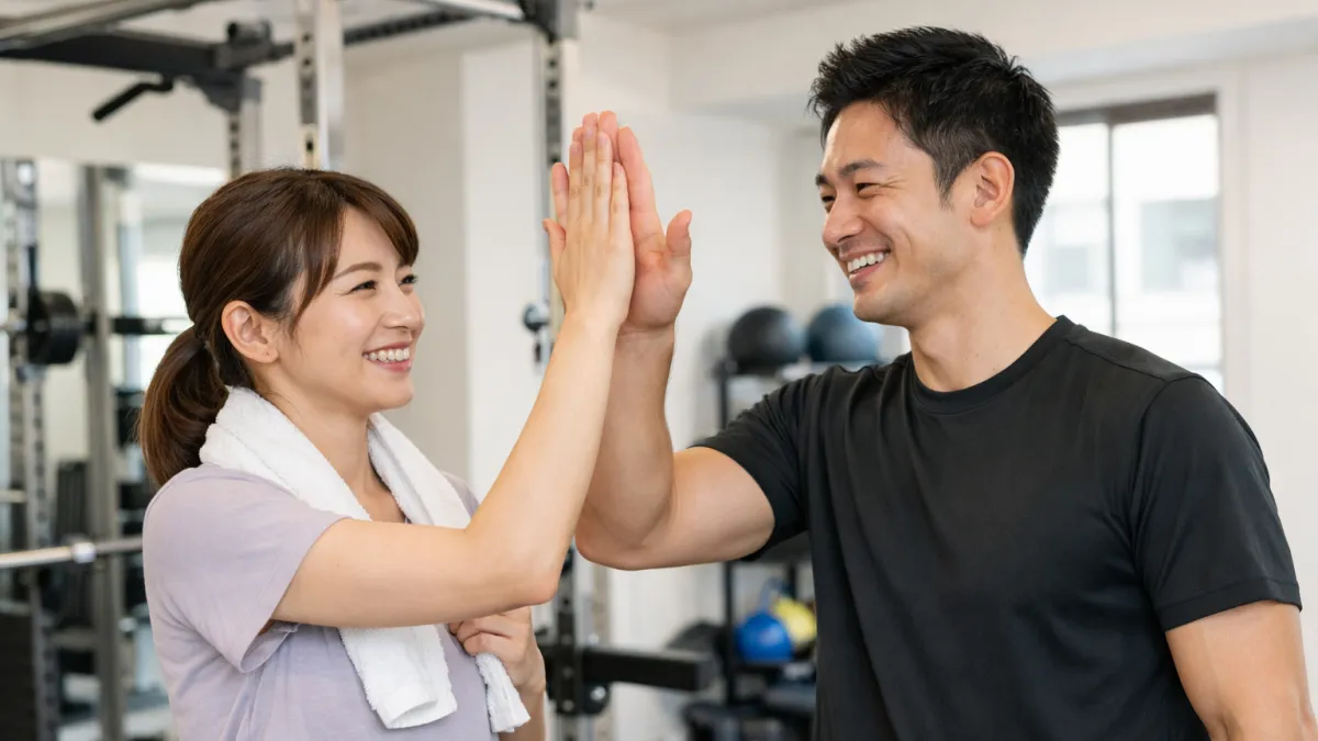 パーソナルジムでトレーニング後にトレーナーとグータッチする利用者
