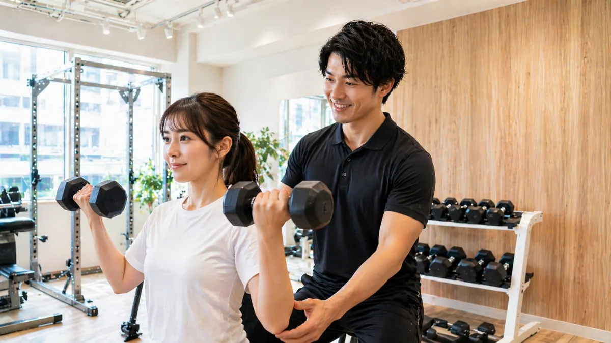 横浜のパーソナルジムで女性会員に指導する男性トレーナー